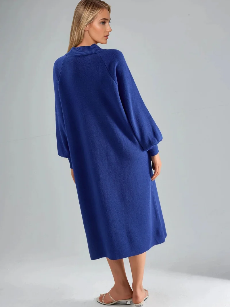 MY FASHION Cobalt Blue MY FASHION Long Loose Fit Ribbed Knit Dress with Crew Neck for Women | Best Price UAE